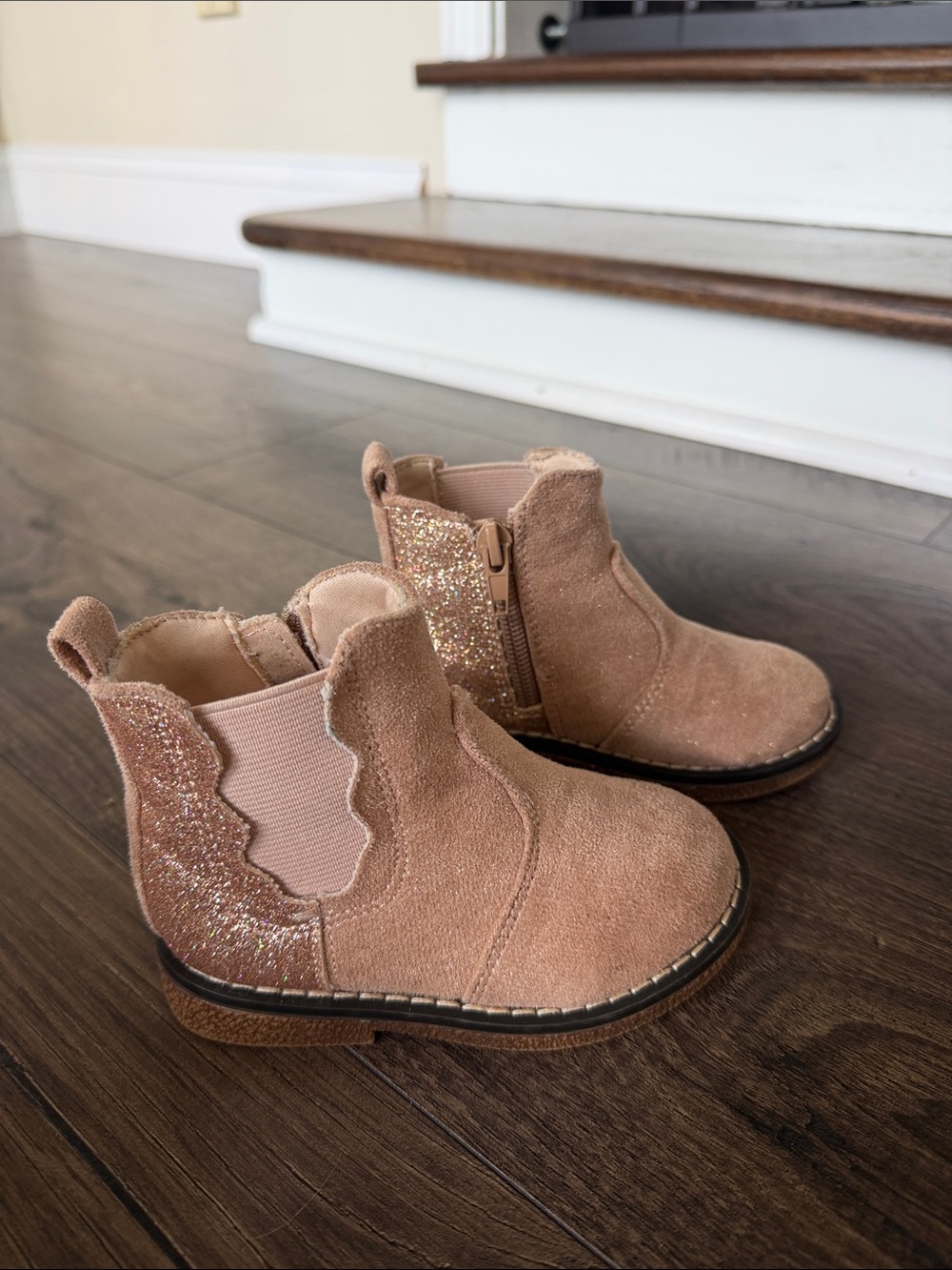 Kelly & Katie Tan Suede Toddler Ankle Boots with Glitter Trim